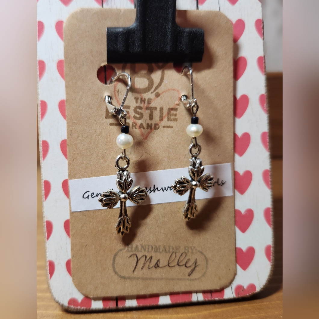 Silver In Color Cross Dangle Drop Earrings Freshwater Pearls Leverback Clasp